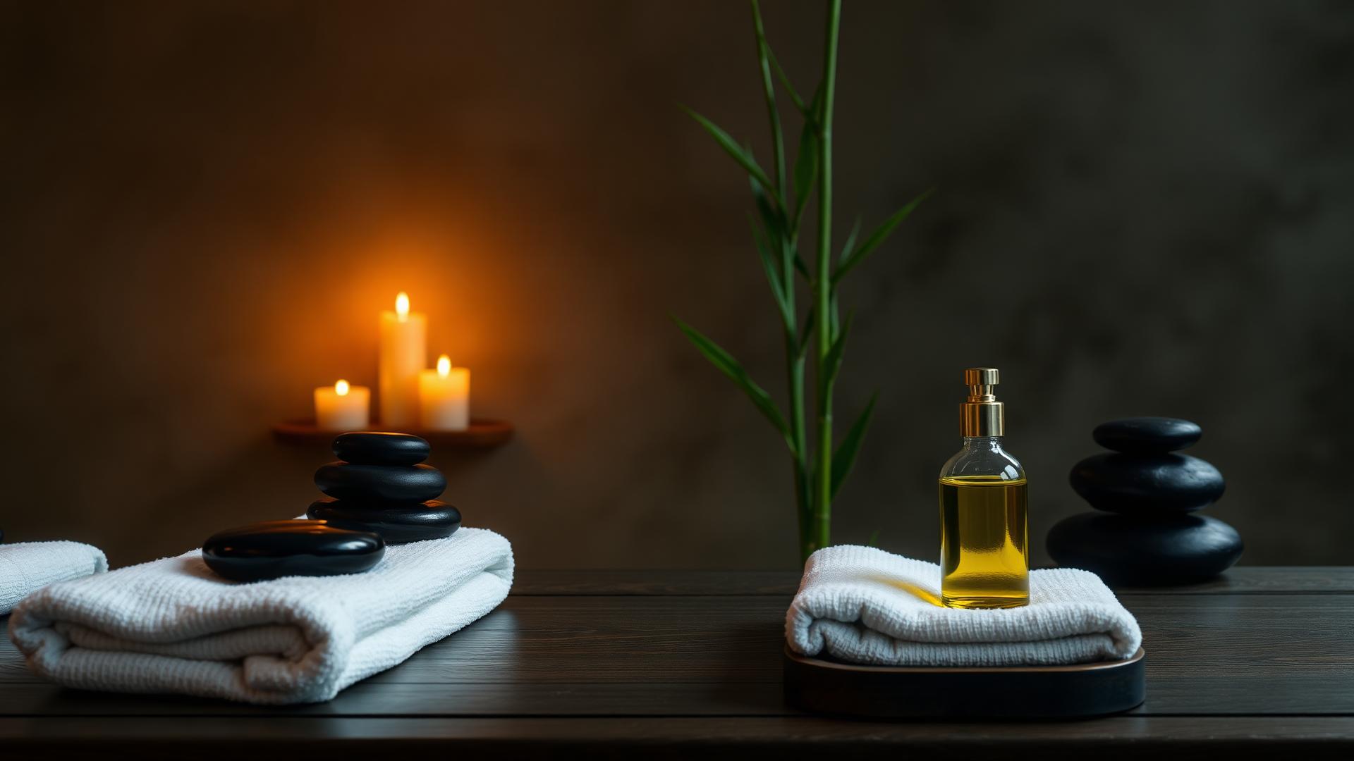 Candlelit massage setup with hot stones and warm oil